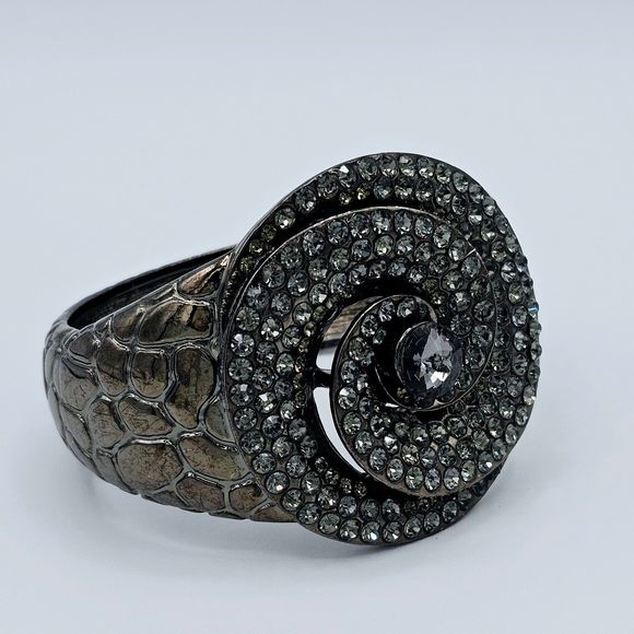 Statement Bracelet Pave Rhinestone Floral Swirl Gem Gun Metal Reptile Print Cuff - Picture 4 of 11